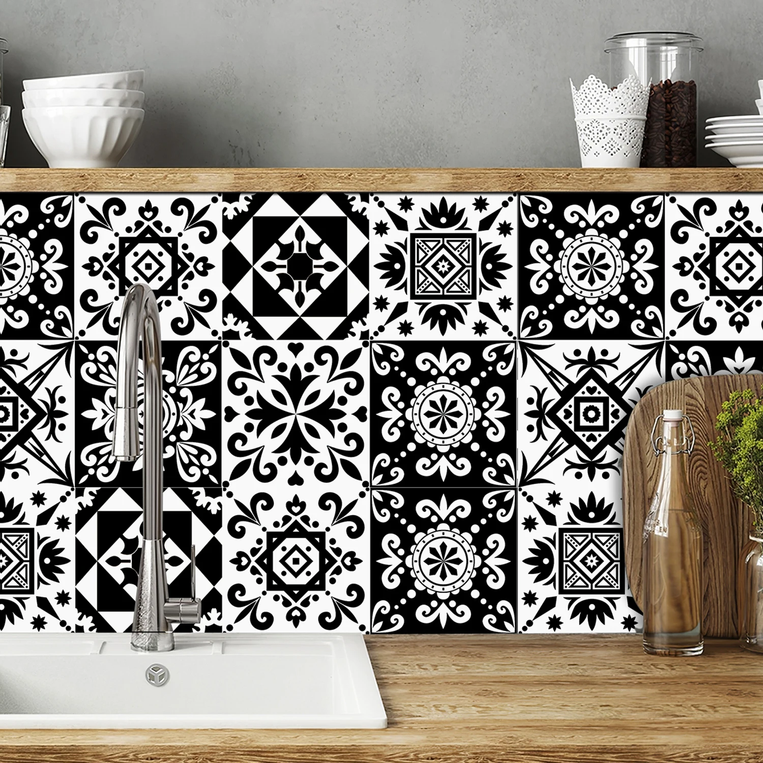 10 pcs/pack, Black and white graphics PVC Self-Adhesive Tile Stickers - Waterproof, Oil-Proof, Easy to Clean for Home Decoration