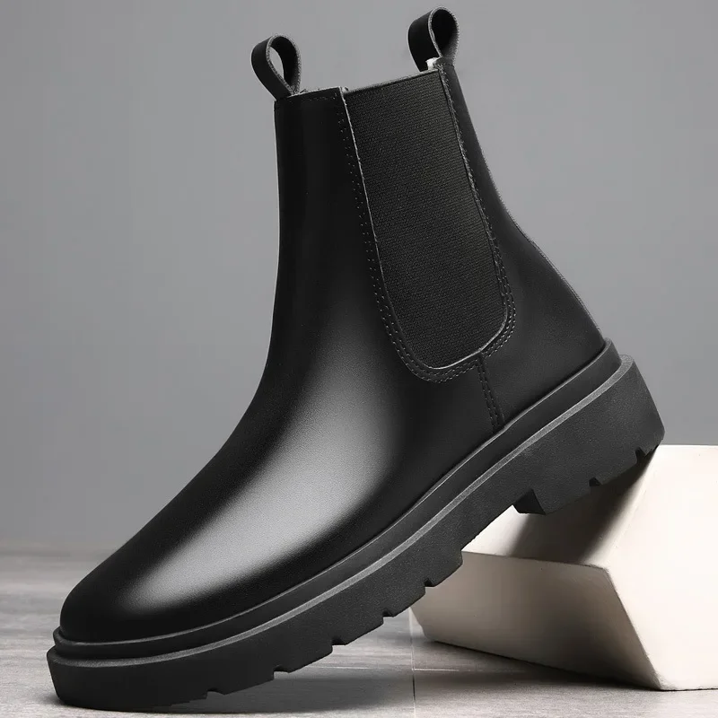 Winter Men\'s Casual Leather Biker Ankle boots High Top Slip-on  Chelsea Boots Fashion Waterproof Shoes men Women\'s boots botas