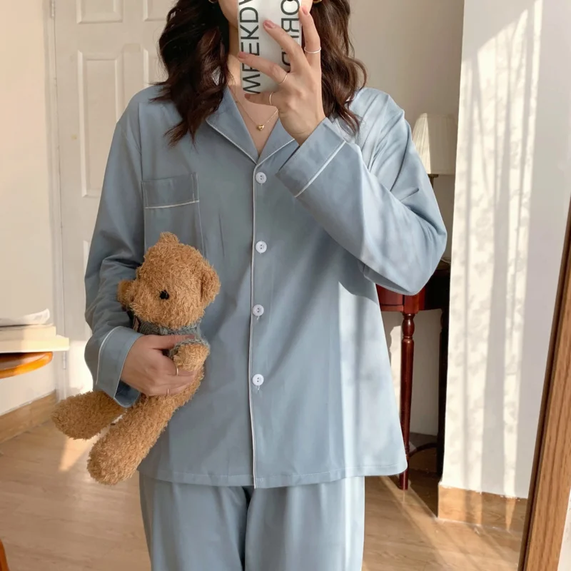 

Womens Korean Style Solid Color Pajamas Set Turn-down Collar Pyjamas Long Sleeves Suit Soft Female Sleepwear Homewear