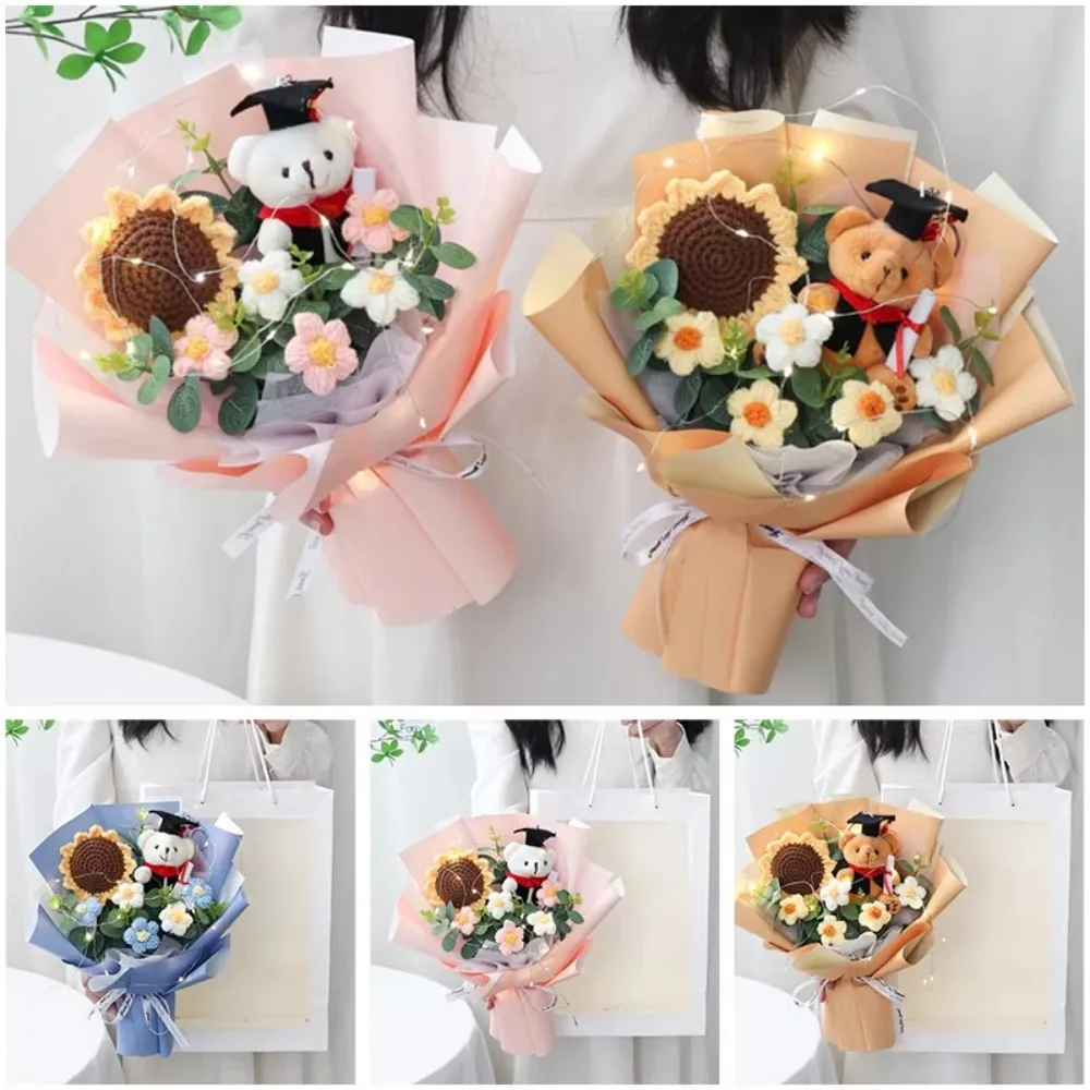 Nieuwe Dr. Bear Afstudeerboeket Cartoon Zonnebloem Knuffel Beer Dier met Lichtkoord Afstudeercadeau Party Decor