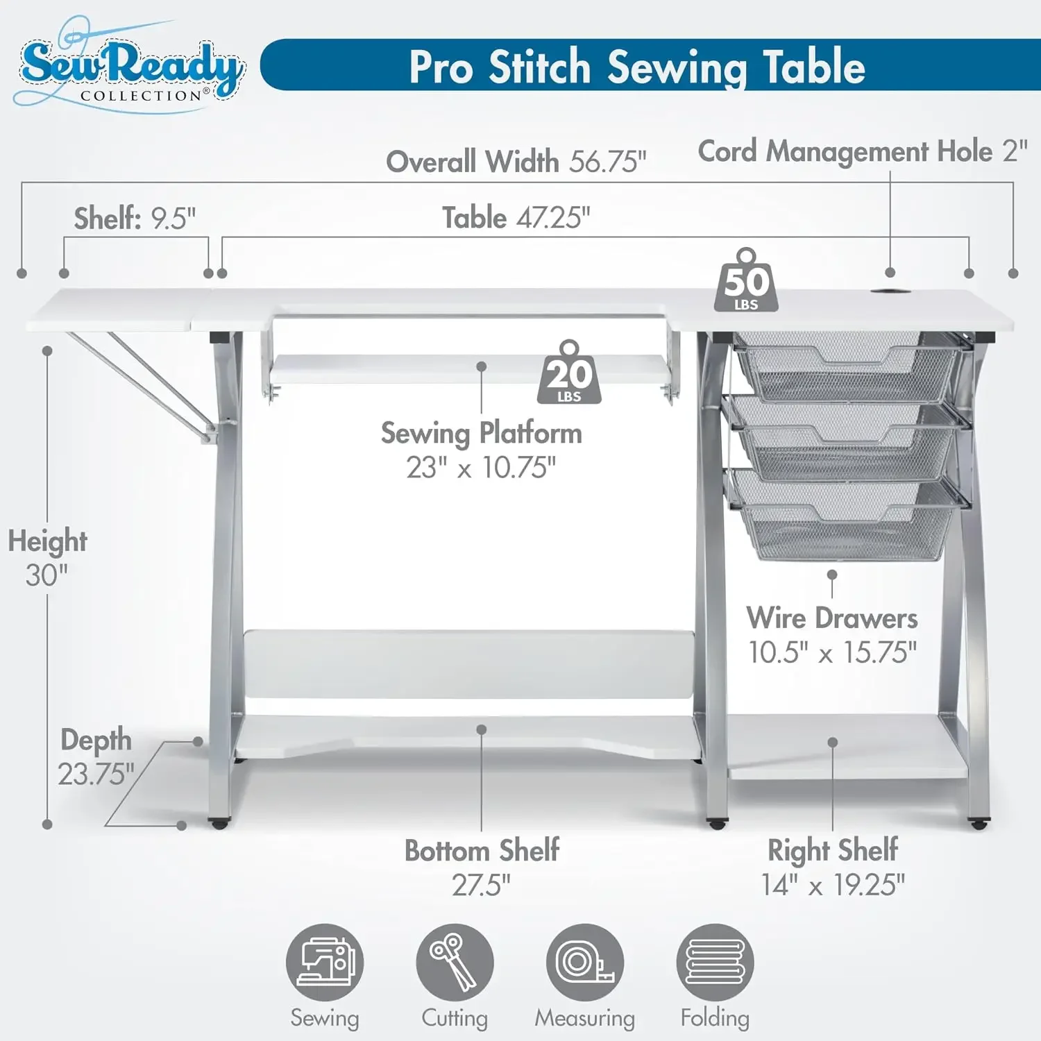 Pro Stitch Sewing Machine Table with Storage Drawers, White