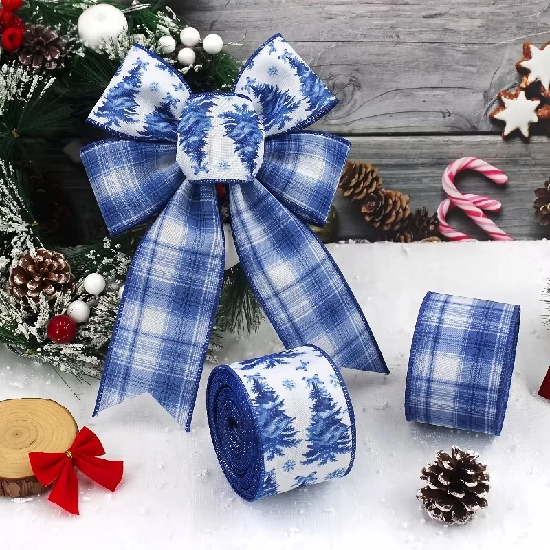 Christmas Wired Edge Decorative Ribbon, Featuring Blue White Stripes With A Winter Snow Christmas Tree Pattern, Handmade Ribbon