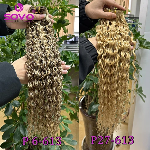 Imagen 2 del producto Extensiones de cabello humano SOVO rubio miel con ondas al agua, 100G, resaltado P6/613, extensiones de pelo rizado peruano Natural húmedo y ondulado
