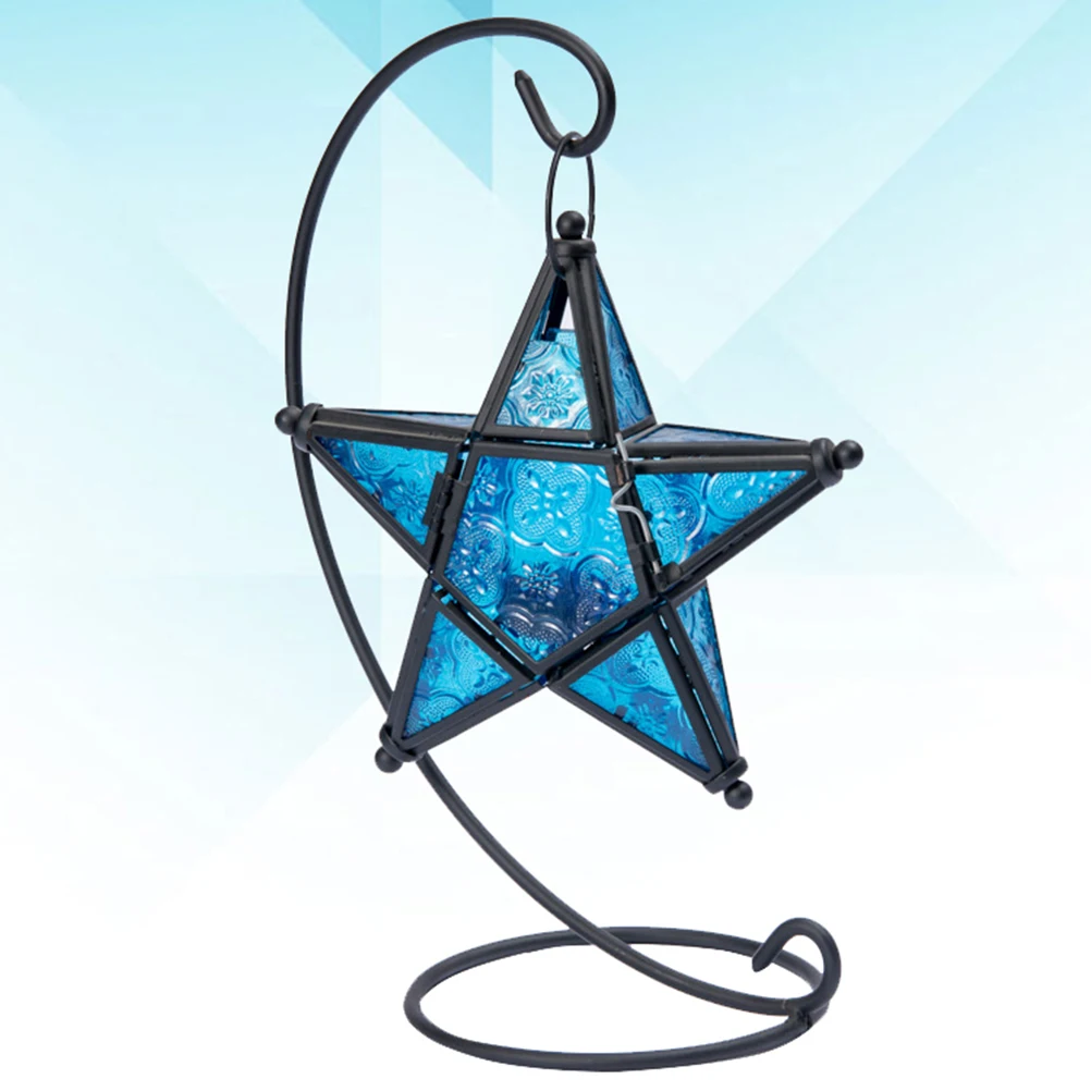 

Iron Holder Candlestick Glass Pentagram Aromatherapy Essential Oil Burner Blue Decorative Tea Light Holder for Living