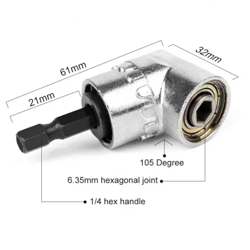 105 Degree Right Angle Drill Attachment Chuck Adapter Holder 1/4 Hex Magnetic Socket Screwdriver Extension for Power Tool