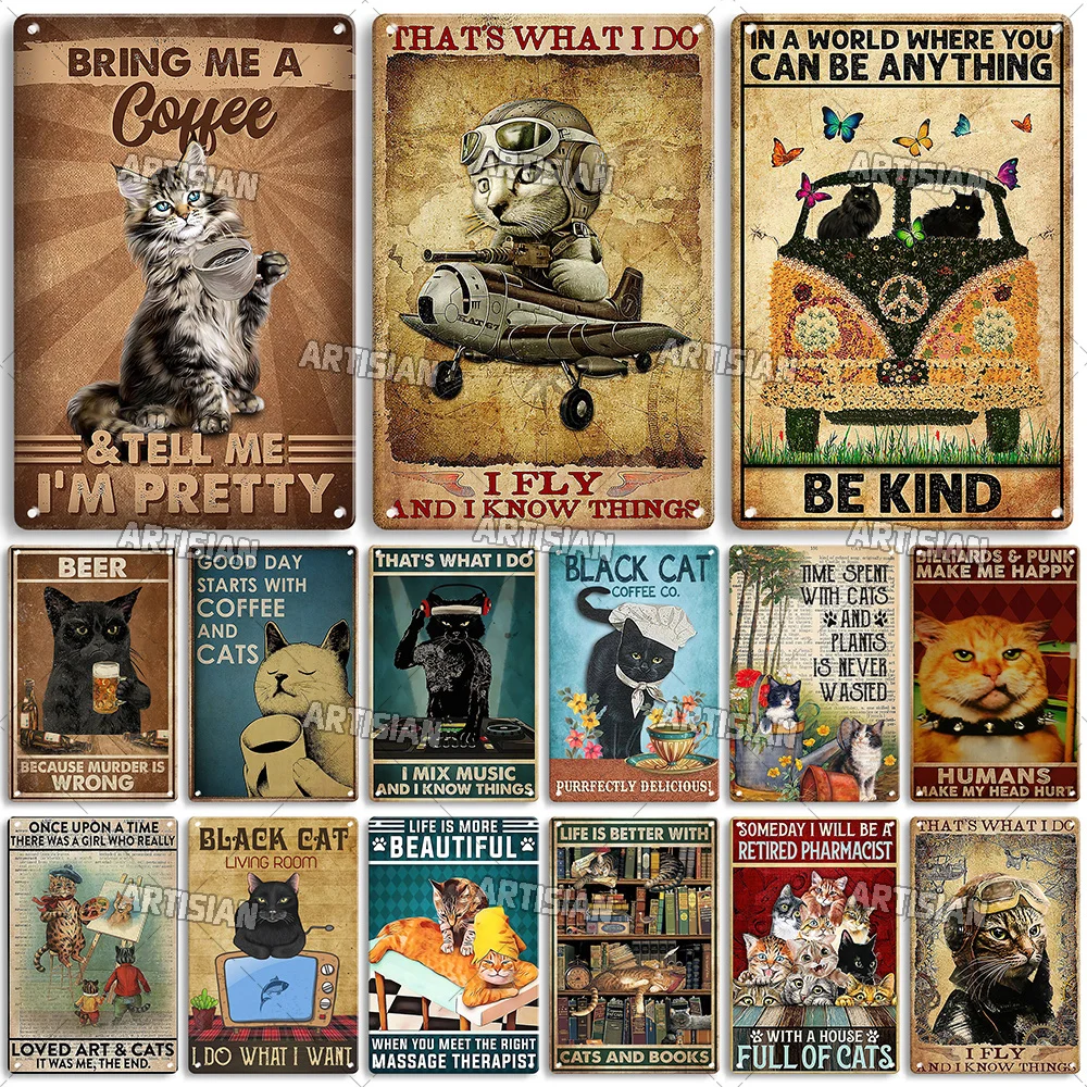 Artisian Black Cat Retro Metal Poster Funny Pet Vintage Decorative Tin Sign Garage Bar Pub Club Kitchen Home Man Cave Wall Decor