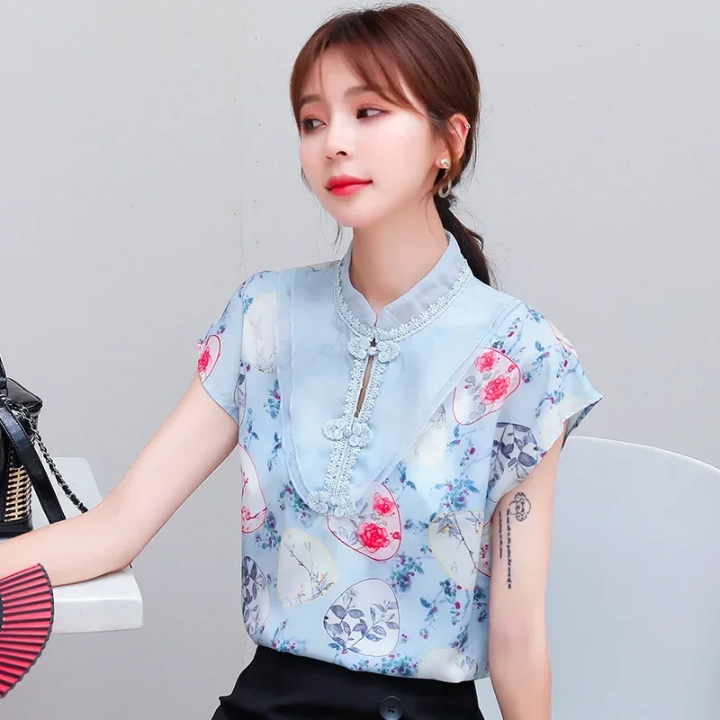 

Women Chinese Style Qipao Tops Retro Elegant Cheongsam Blouse Lady Vintage Floral Print Lace T-Shirt Short Sleeve Shirts Clothes