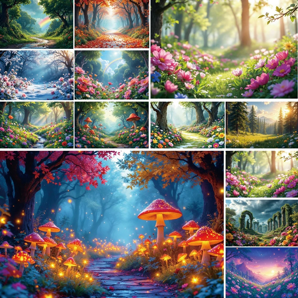 

MOON.QG Flower Mushroom Forest Background Road Trees Mushroom Backdrop Kids Photo Booth Photocall Decor Photozone Shooting Props