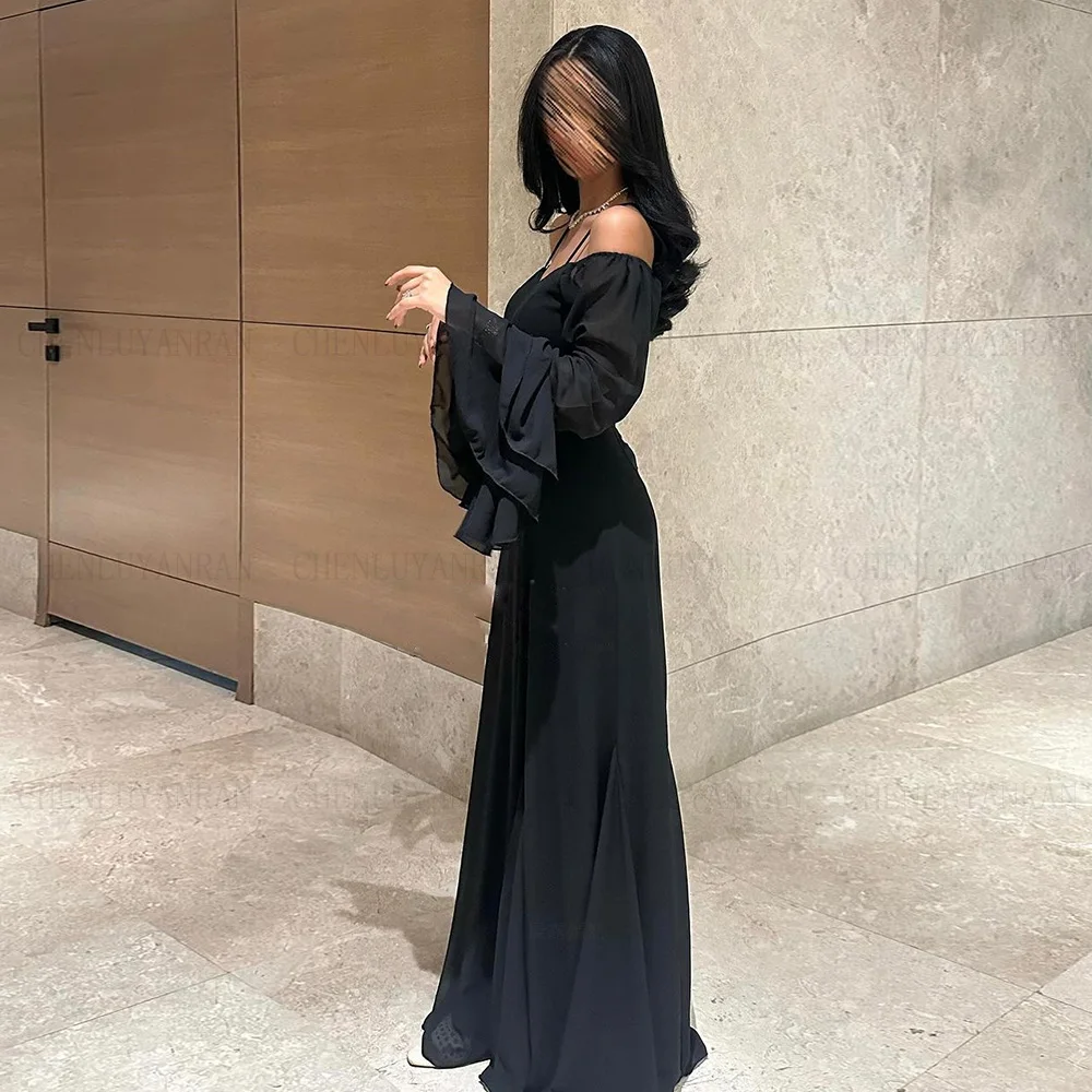 Chiffon Elegant Formal Occasion Dresses 2024 Trumpet Sleeves Long Ball Gowns Simple Black Sexy Evening Party Gown فساتين الحفلات