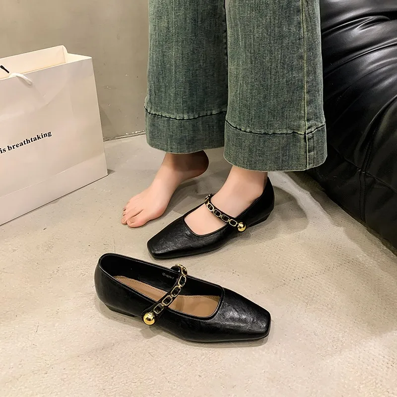 Womens Single Shoes with Non Slip Soft Sole Low Heel Square Toe Chain Strap Spring Autumn PU Brown/black Casual Low Top Shoes