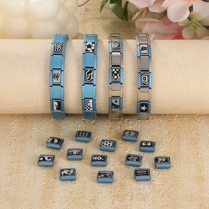 Wholesale Trendy Black Eyes Heart Cat Star Flower Swan Blue Italian Charms Fit 9MM Stainless Steel Bracelet Making DIY Jewelry