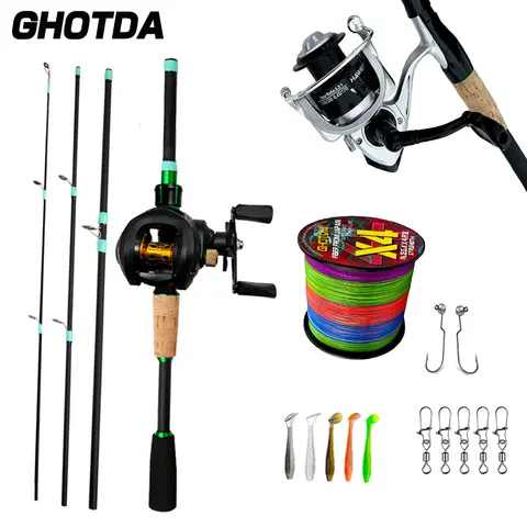 1.8/2.1m 베이트 캐스팅 낚싯대 키트 탄소 4/5 섹션 캐스팅로드 금속 스풀 릴 PE 라인 후크 미끼베이스 낚시 세트