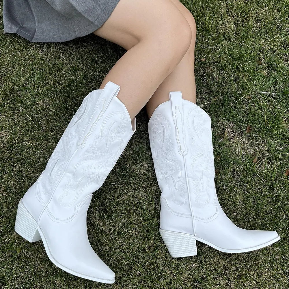

Cowboy Boots White Sliver Pink Leather Embroidery Western Cowgirl Fashion Ladies Knee High Boots Music Festival Wedding Party