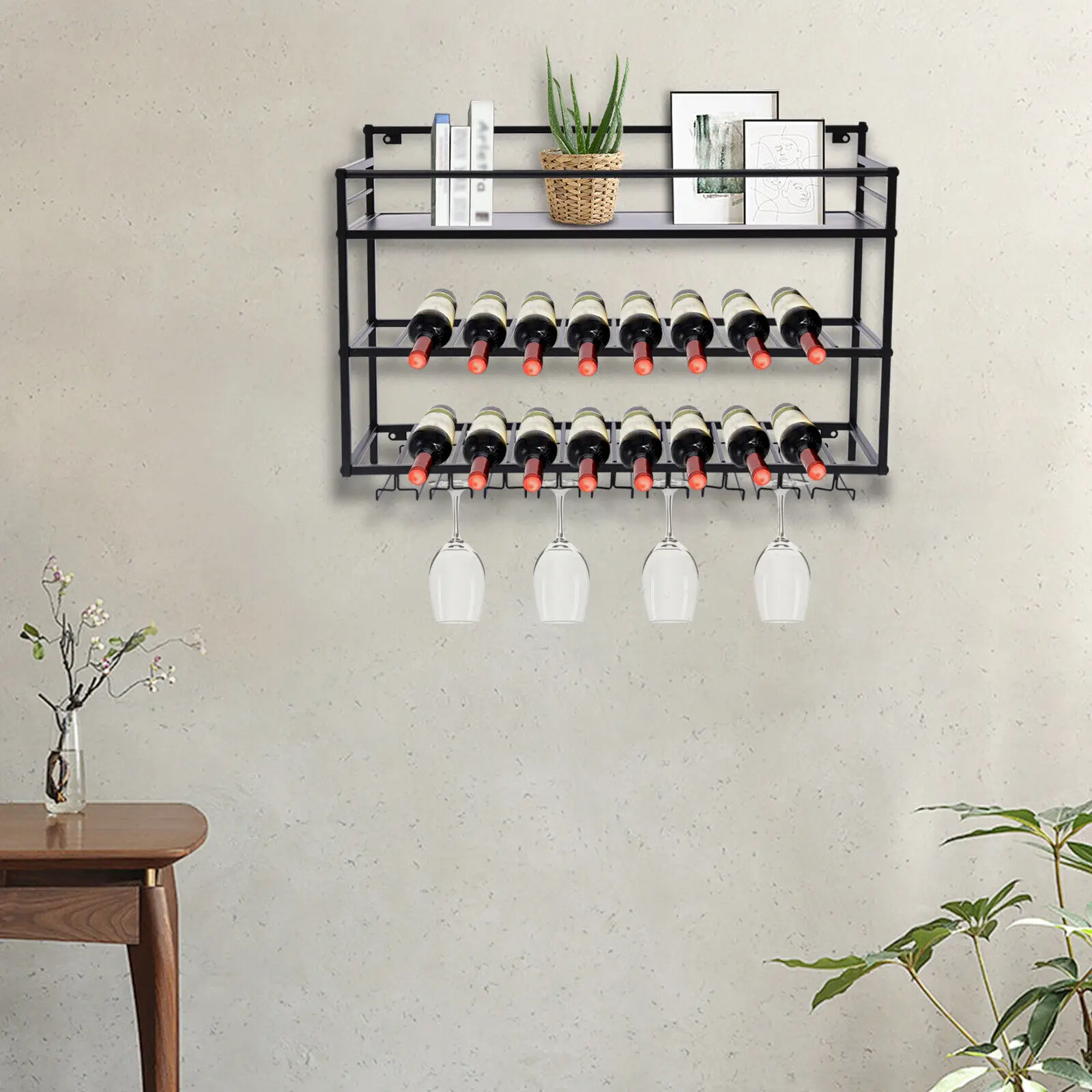 Wall Mount Wine Rack Storage Shelf Glass Cup Holder Bottle Organizer Home Decor