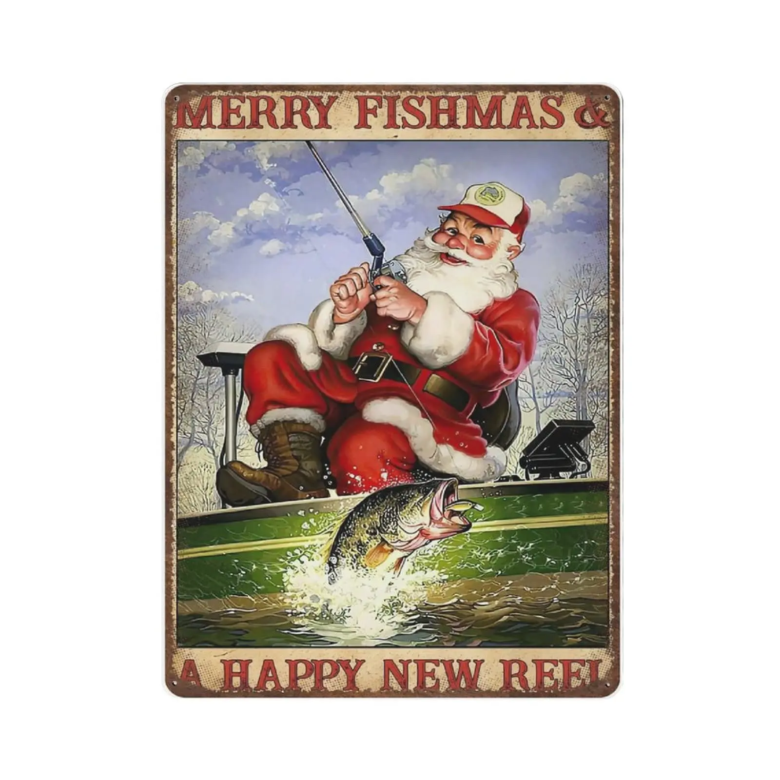 Vintage Thick Metal Tin Sign-Christmas Fisherman,Merry Fishmas And A Happy New Reel Tin Sign -Novelty Posters，Home Decor Wall Ar