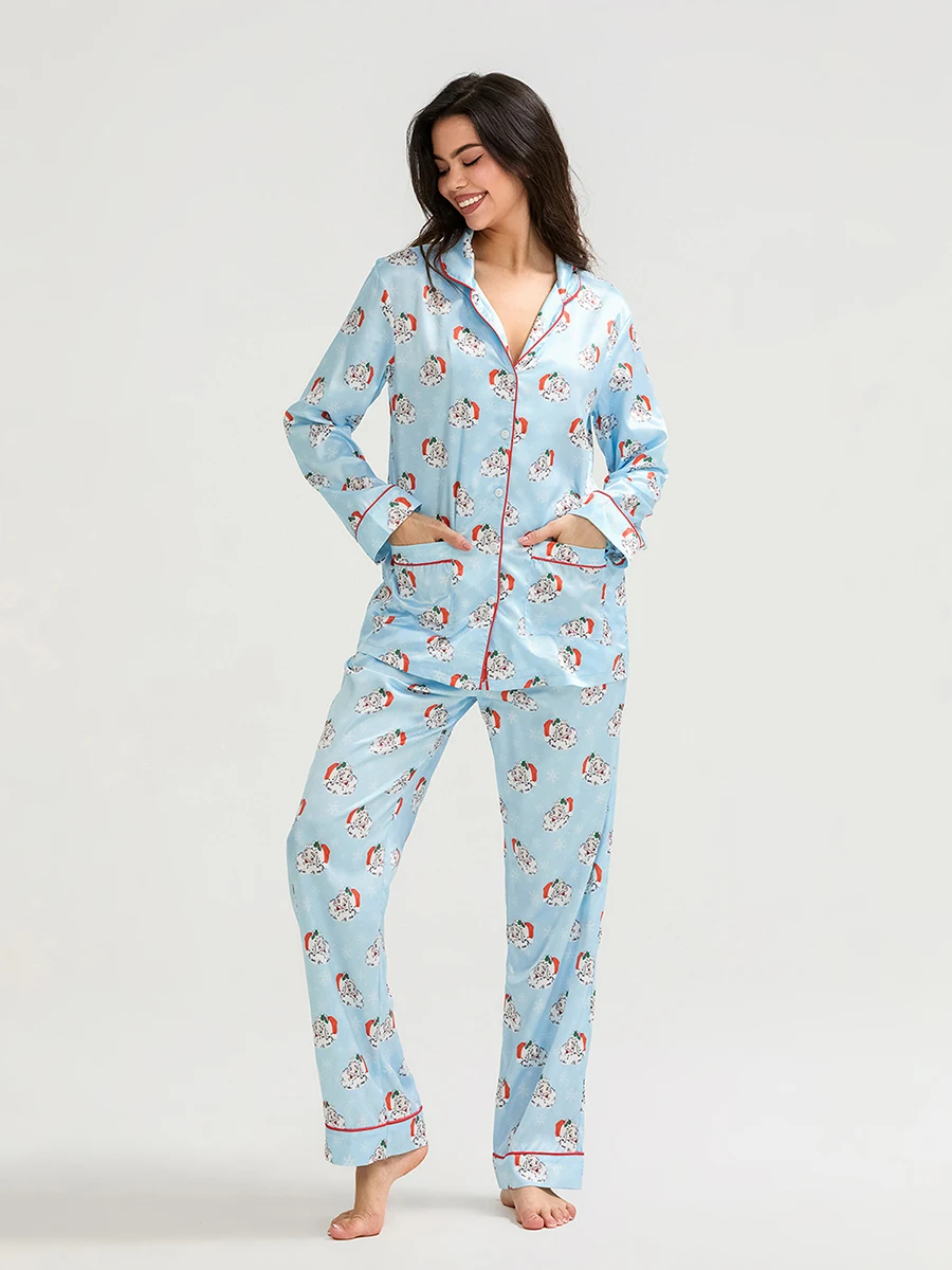 Conjunto de pijama navideño de 2 piezas para mujer, manga larga, estampado de Papá Noel, camisa con botones, pantalones, ropa de dormir de invierno