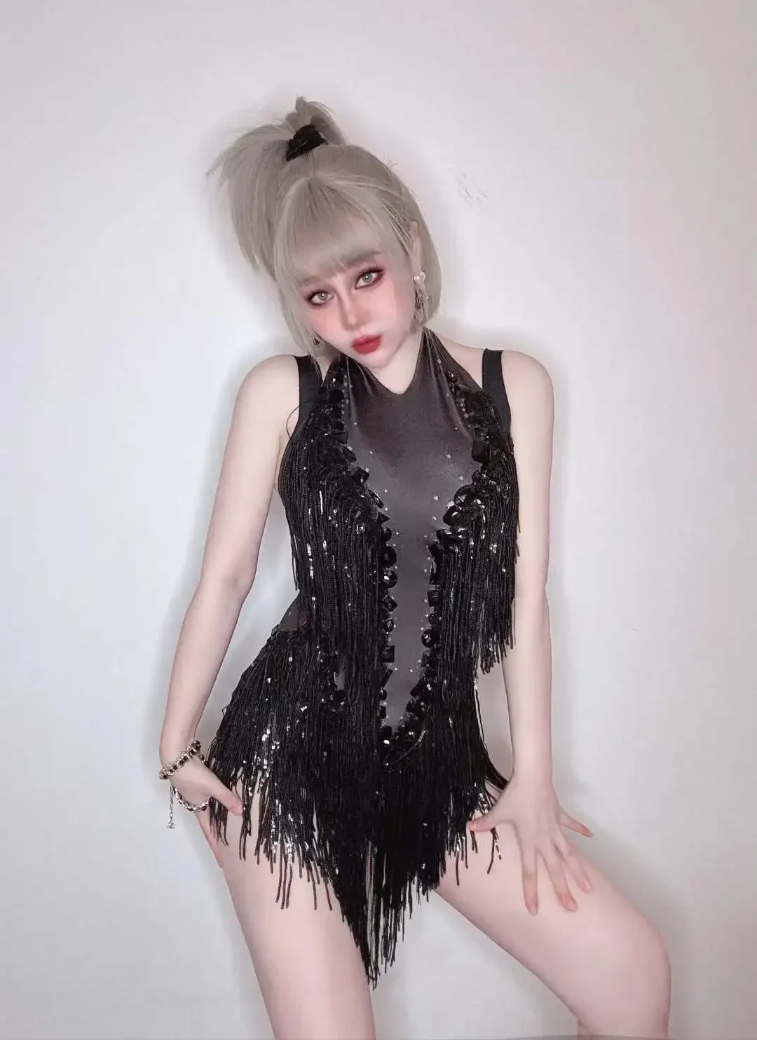 Body de Reina con flecos de diamantes de imitación para mujer, trajes de espectáculo de actuación, baile blanco brillante