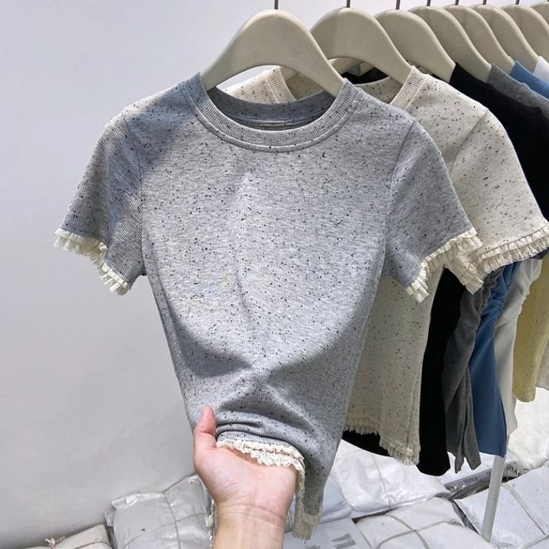 

Lace Trimmed Patchwork Short Sleeve T-Shirts Women's Summer 2025 New Color Dot Slim Fit Base Layer Top O-Neck Knitted Tees