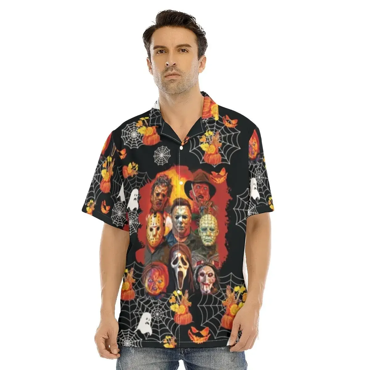 

New Hawaiian Men Shirts Horror Movie Theme Short Sleeve Halloween Tops for Men Vintage Shirts Plus Size Summer