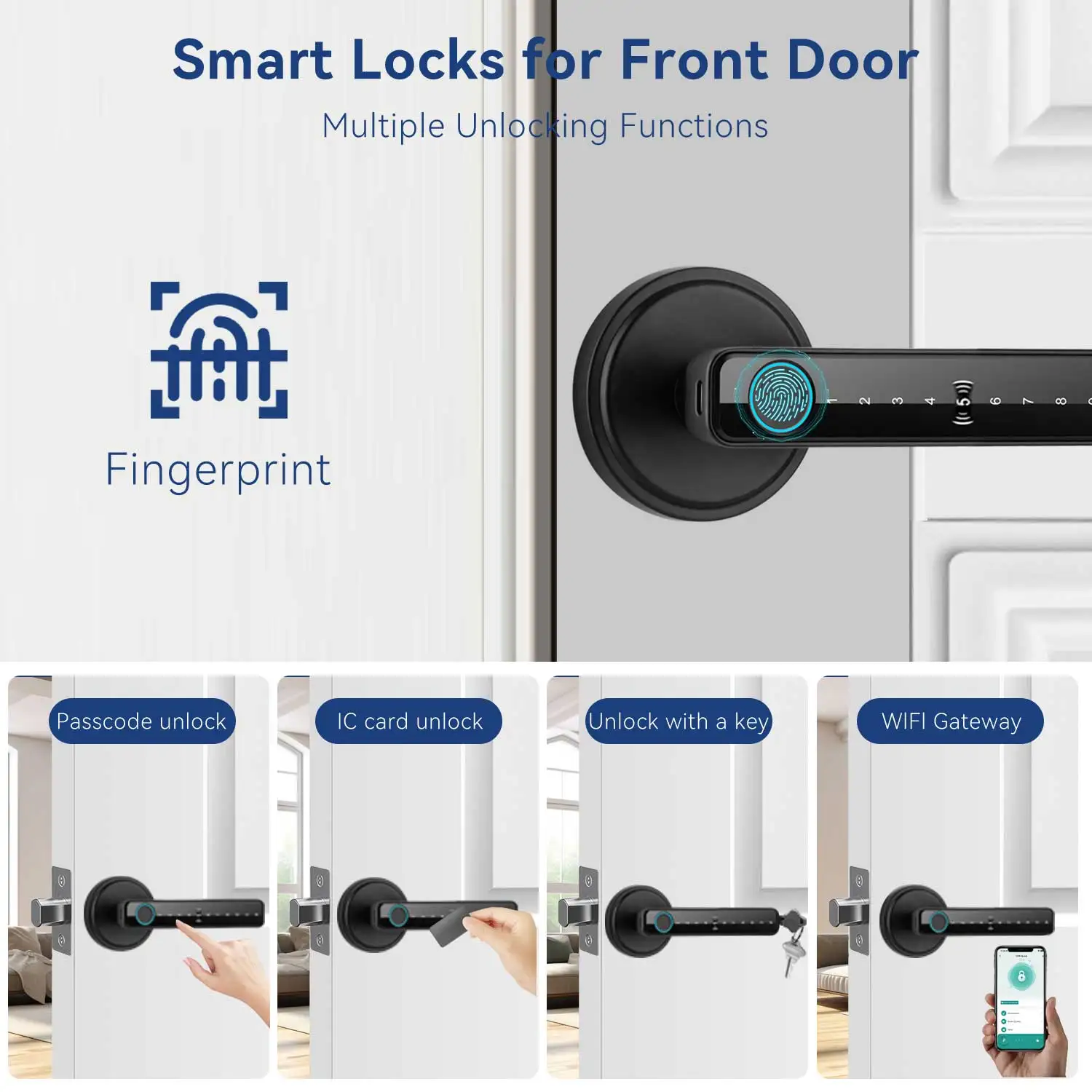 XSDTS Tuya BLE Fingerprint Door Lock Digital Electronic Lock with Password/Key/IC Card/ Smartlife/ Tuya APP Unlock
