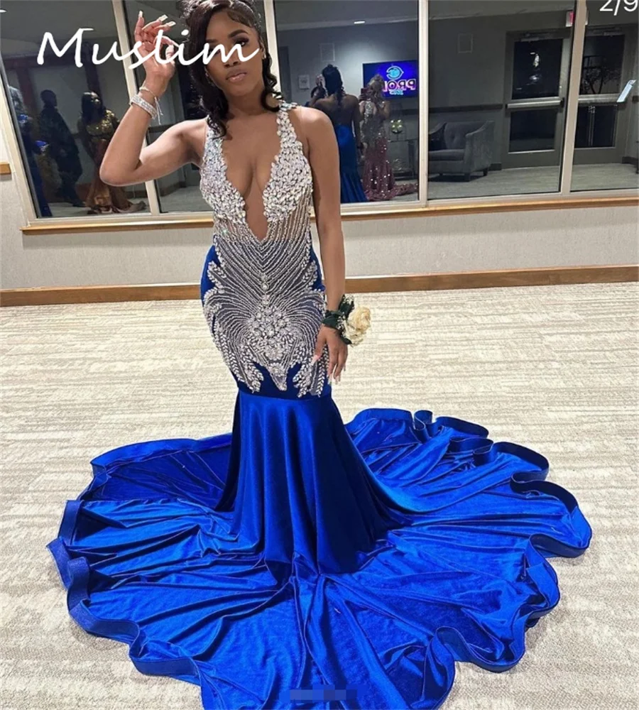 Vestido de fiesta con diamantes azul real para niñas negras, elegante vestido de noche de terciopelo con cuello en V Aso Ebi, vestido Formal de fiesta de cumpleaños personalizado