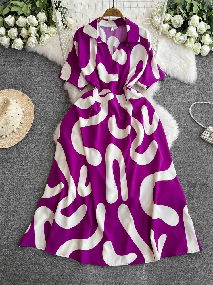 Summer Women Printed Long Dress Vintage Turn-Down Collar Short Sleeve A-Line Maxi Vestidos Female Elegant Casual Robe 2024 New