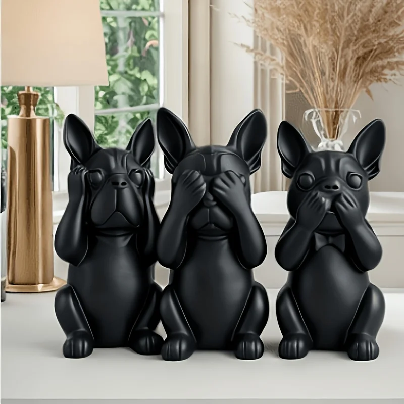 Set de 3 Bulldog Francés - Ve, Escucha y No Hable de lo Malo. Estatuas Nórdicas Negras para Escritorio, Estante. Regalo perfecto para amantes de los perros.