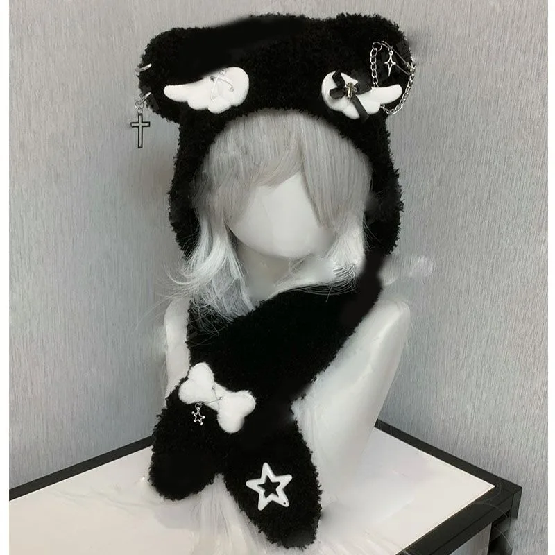 Japanese Subculture Harajuku Kawaii Bear Ears Star Hats Women's Sweet Y2k Black Cap Cosplay Design Cute Knitted Hat