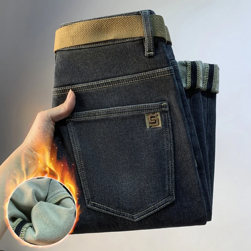 

Черно-серые зимние мужские джинсы с толстым флисом и теплым кроем, облегающие и эластичные джинсовые повседневные брюки для маленьких ног.