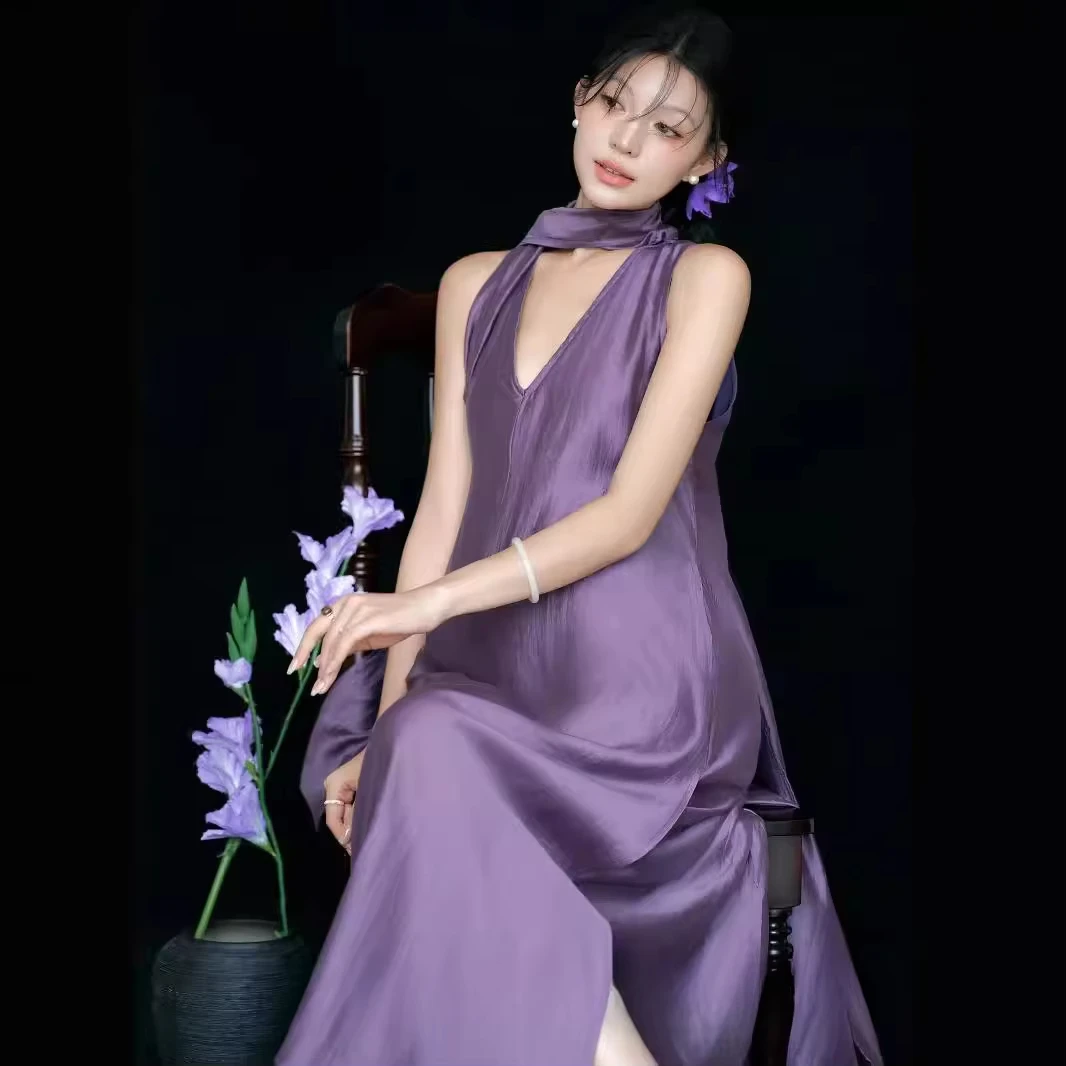 Elegant Maternity Photo Shoot Dress – Stylish Purple V-Neck Sleeveless Dress for Pregnant Women Studio Photography Clothing