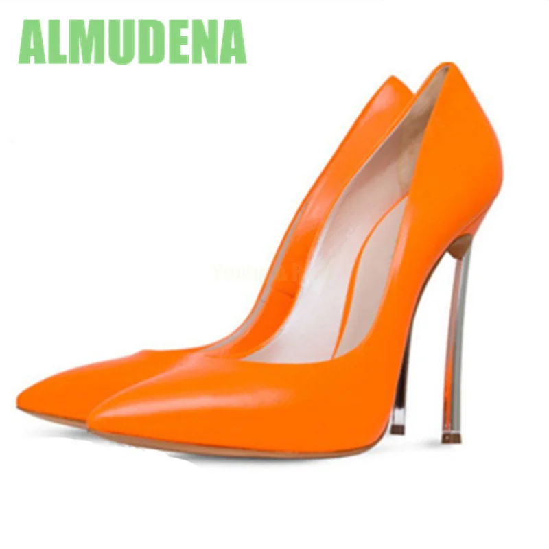 

Candy Colored Metal Follow-Up Shoes Fashionable Pointed Pu Leather Shallow Mouth Ultra-High Slim Heel Single Color for Women
