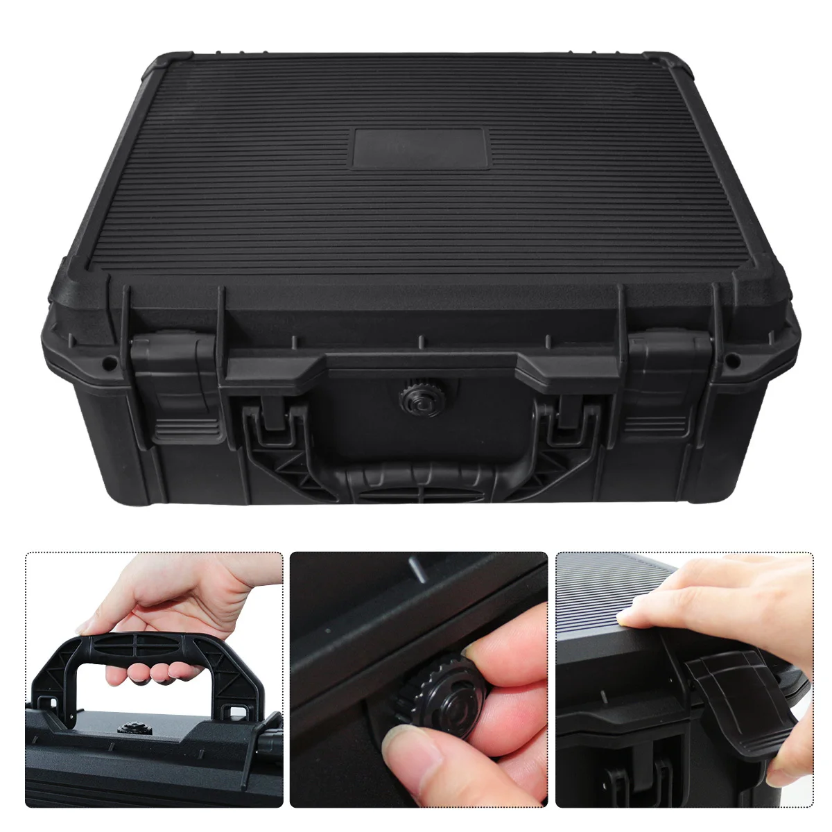 Valigia per fotocamera/strumenti nera impermeabile e resistente, interno in schiuma personalizzabile, portatile, custodia sicura, custodia resistente agli urti