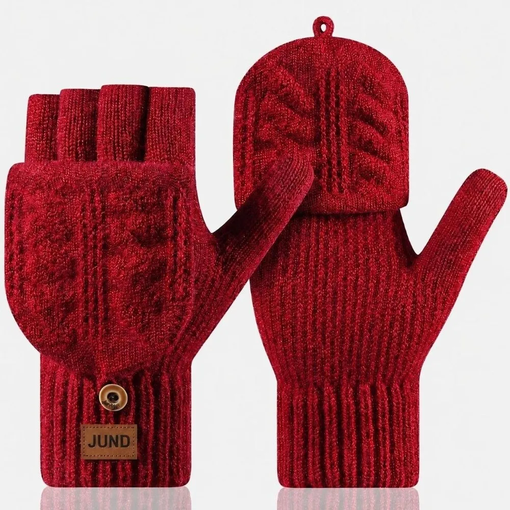 Durable Unisex Winter Cable Knitted Gloves Polyester Blend One Size Women Half Finger Mittens Warm Convertible Gloves For Work
