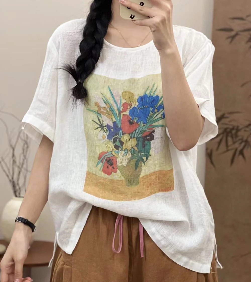 Cotton linen oversize short sleeve shirt women summer Japanese style vintage loose print t shirt plus size women\'s clothing