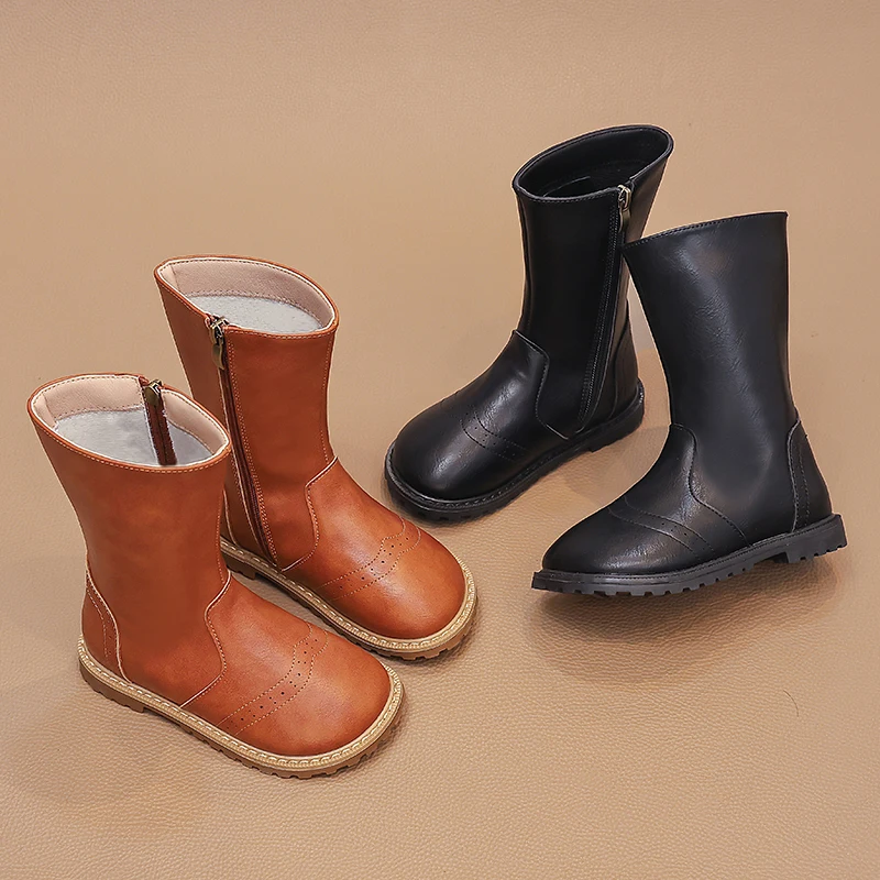 Toddler Girls Carved Mid-calf Boots 2026 New Winter Kids British Style Leather Boots Non-slip Simple Princess School Party Boots