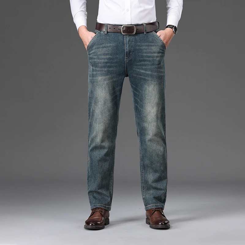 Business Jeans Men's 2024 New Loose Straight Stretch Nostalgic Classic Simple Middle-Aged Leisure Trousers