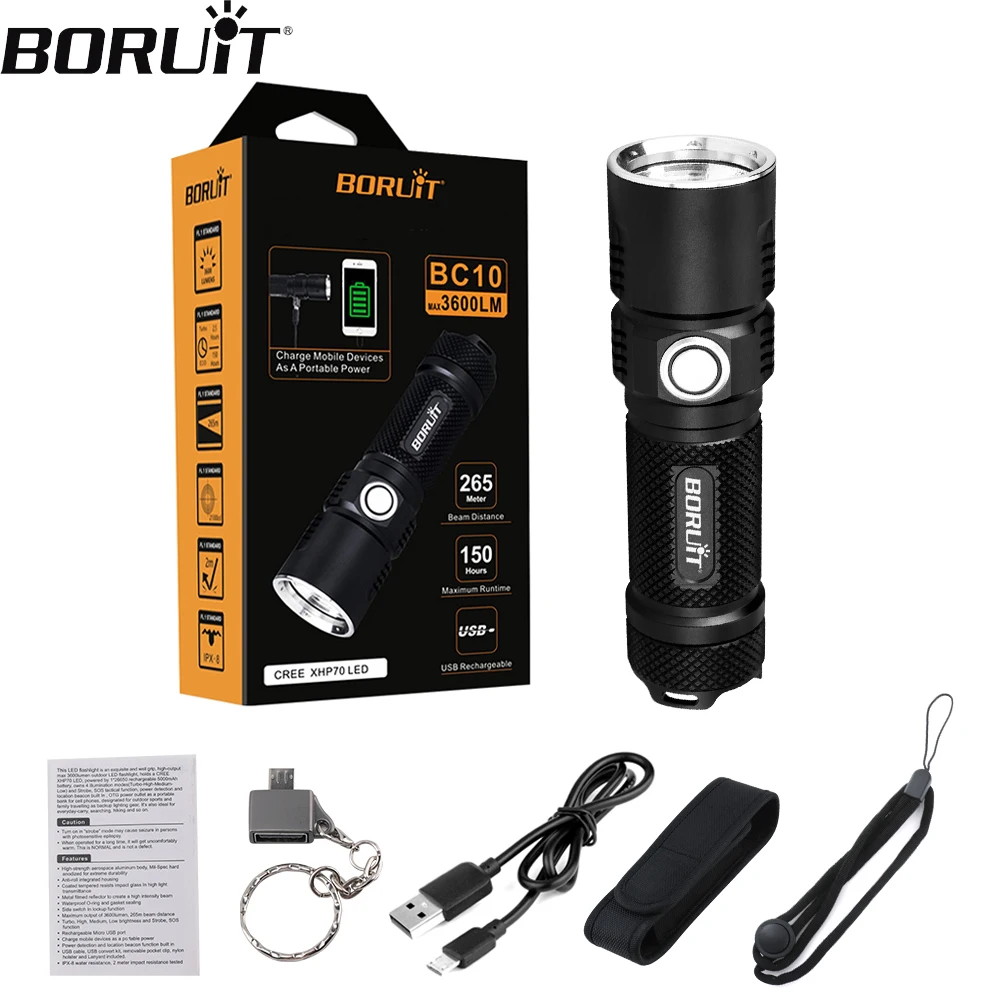 BORUiT BC10 Ultra Bright LED Flashlight 3600LM XHP70 USB Rechargeable 26650 Flashlight IPX8 Waterproof Camping Hunting Lantern