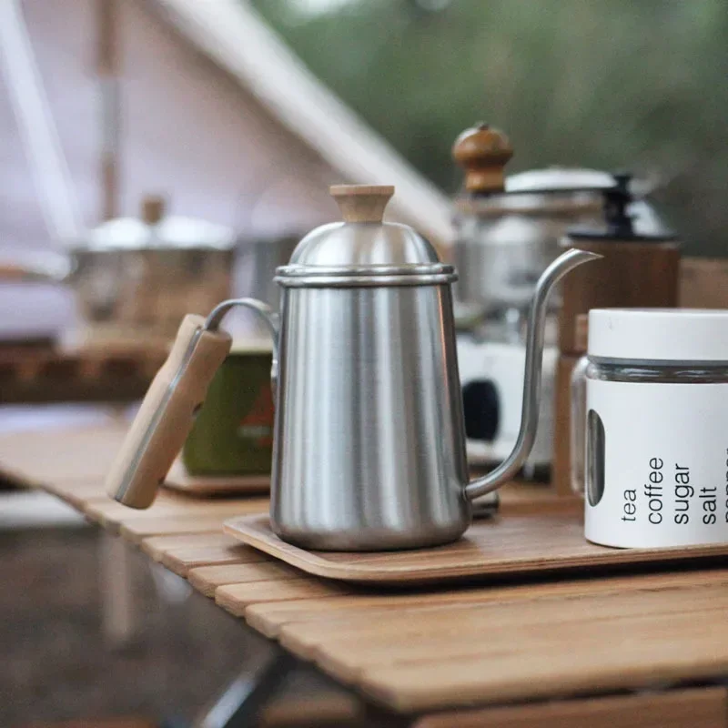 Portable Camping Outdoor Tableware Stainless Steel Long Billed Coffee Pot Wood Handle Anti Scalding Teapot Picnic Kettle Gadget