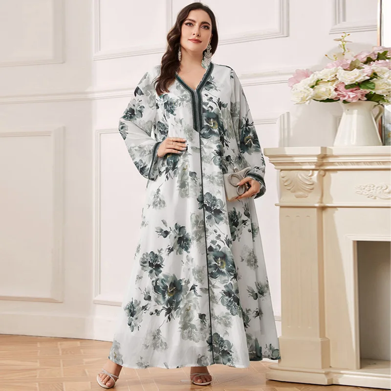 KYP1131 (black gray) chiffon printed casual robe,  fresh and sweet plus size dress