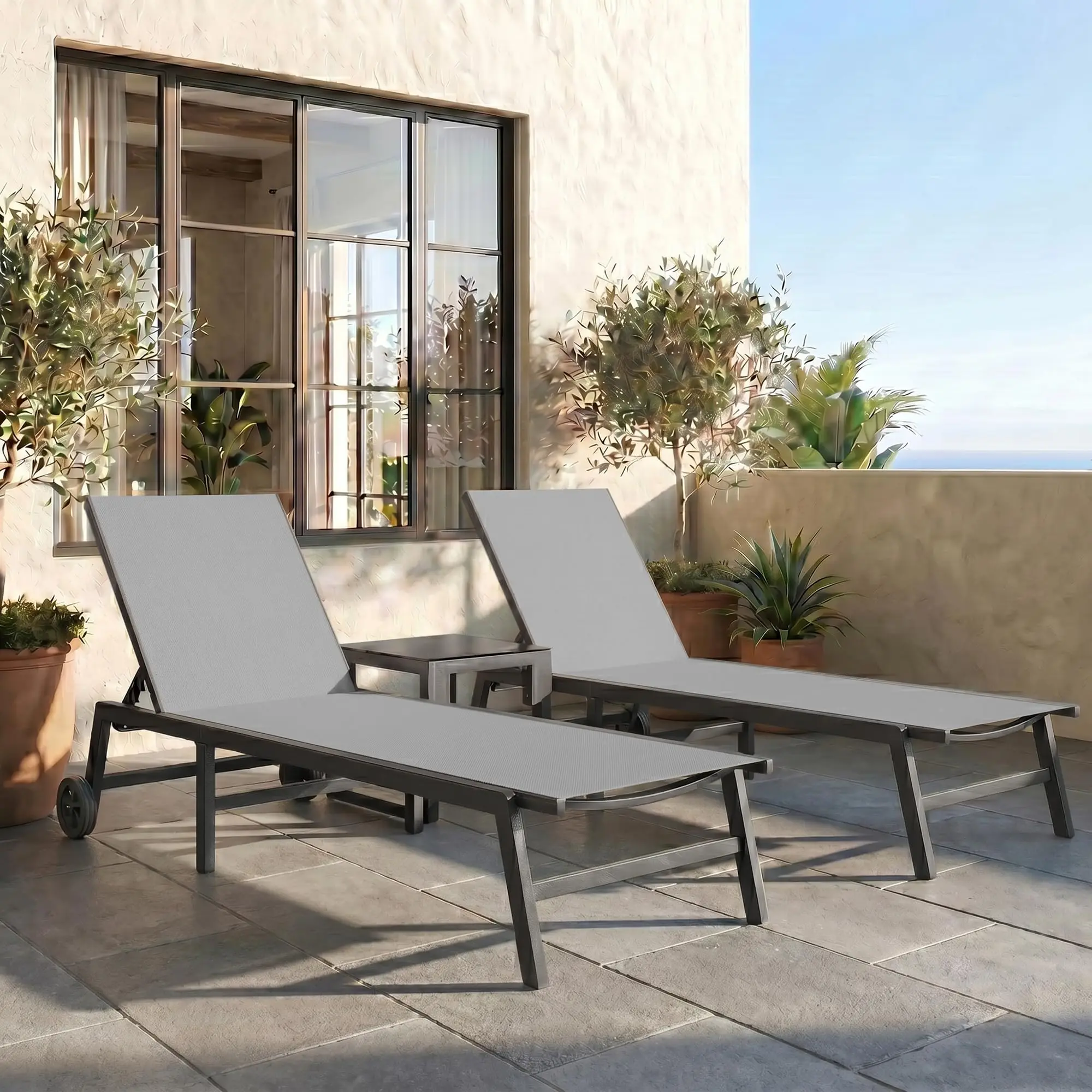 Outdoor Lounge Chairs Set of 2 with Side Table Poolside Chaise Lounge Chair with Wheels 5-Position Backrest Reclining