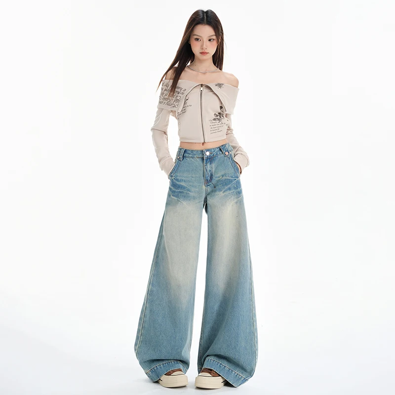 Calças de brim retas femininas confortáveis lazer cintura alta perna larga calças jeans soltas rua hip hop estilo moda
