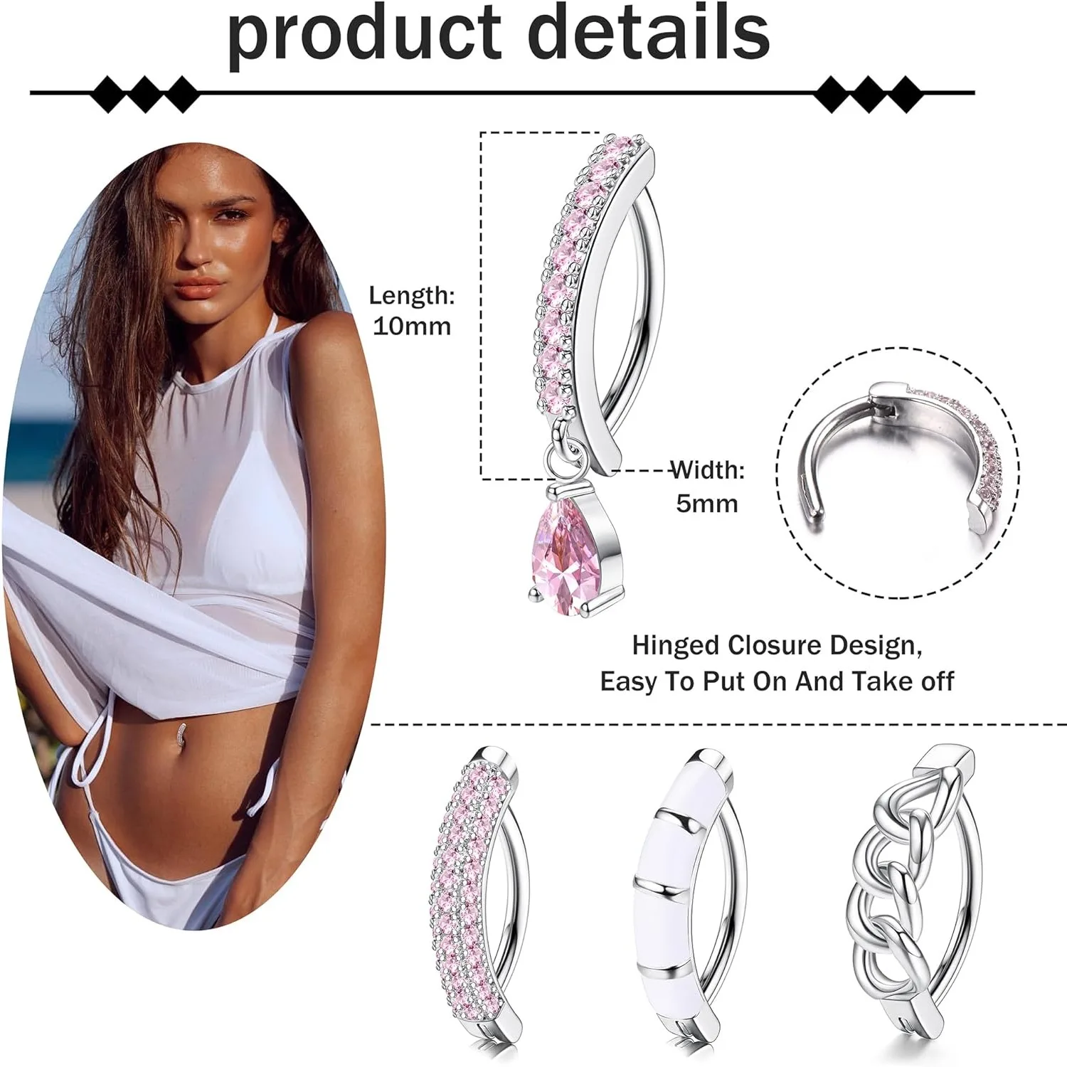 Bobisty 4Pcs Clicker Belly Button Rings for Women 316L Surgical Steel CZ Dangle Curved Reverse Navel Rings Piercing Jewelry 14G