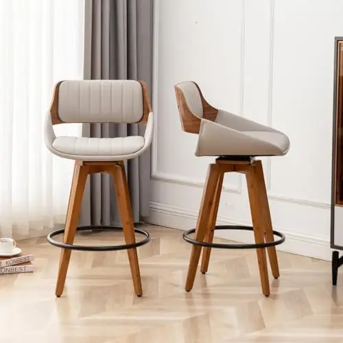 

Swivel Bar Stools Set of 2, Modern Faux Leather Barstools, Gray, Wood Back and Legs