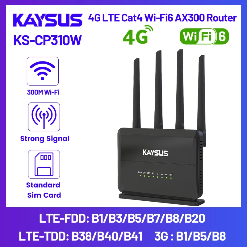 Kaysus WIFI6 LTE 4G Router 300Mbps Wireless Modem with SIM Card Slot 1 LAN RJ45 Port Wireless Hotspot 4 Antennas User Interface