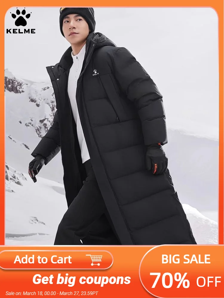 Kelme Extended Down Jacket 2024 Winter Hooded Sports Thick Warm Coat Outdoor Windproof Jacket Snow Proof Cotton Jacket