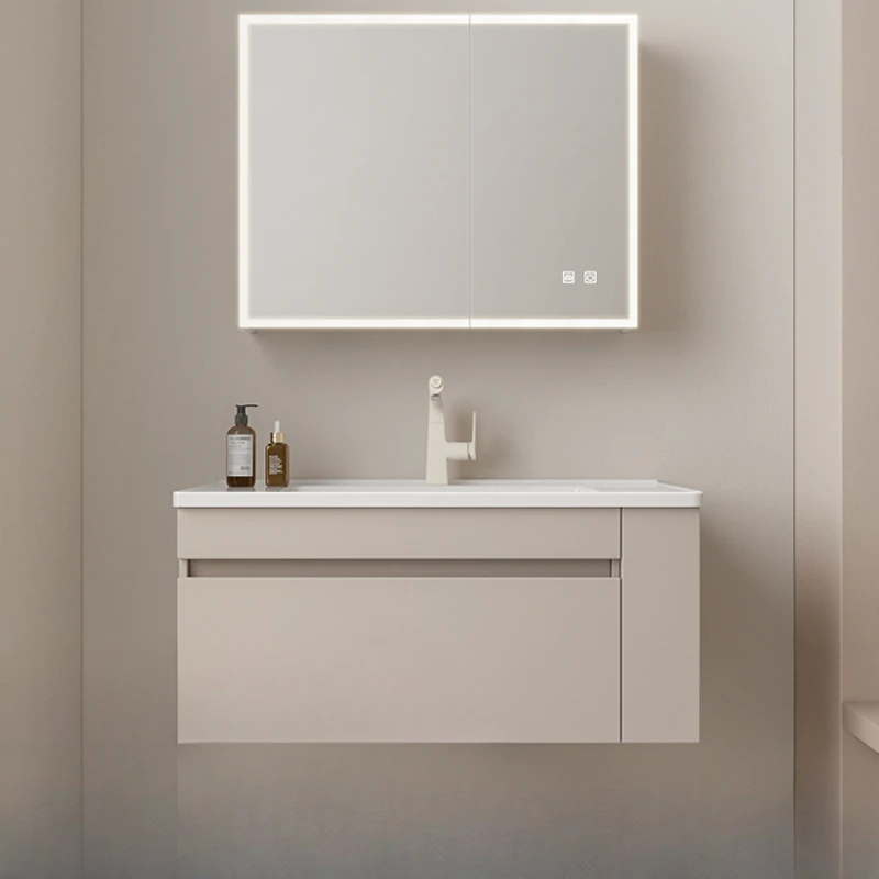 

Bathroom cream wind bathroom ceramic integrated washbasin bathroom cabinet combination beauty defogging smart cabinet Y1