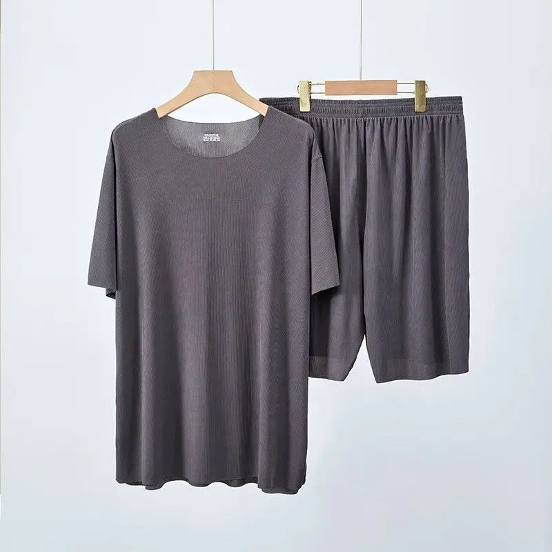 GELITAYIN Summer Men's Homewear Ice Silk Thin Modal Short Sleeve Shorts Two-Piece Set Round Neck Solid Soft Comfortable Casual S