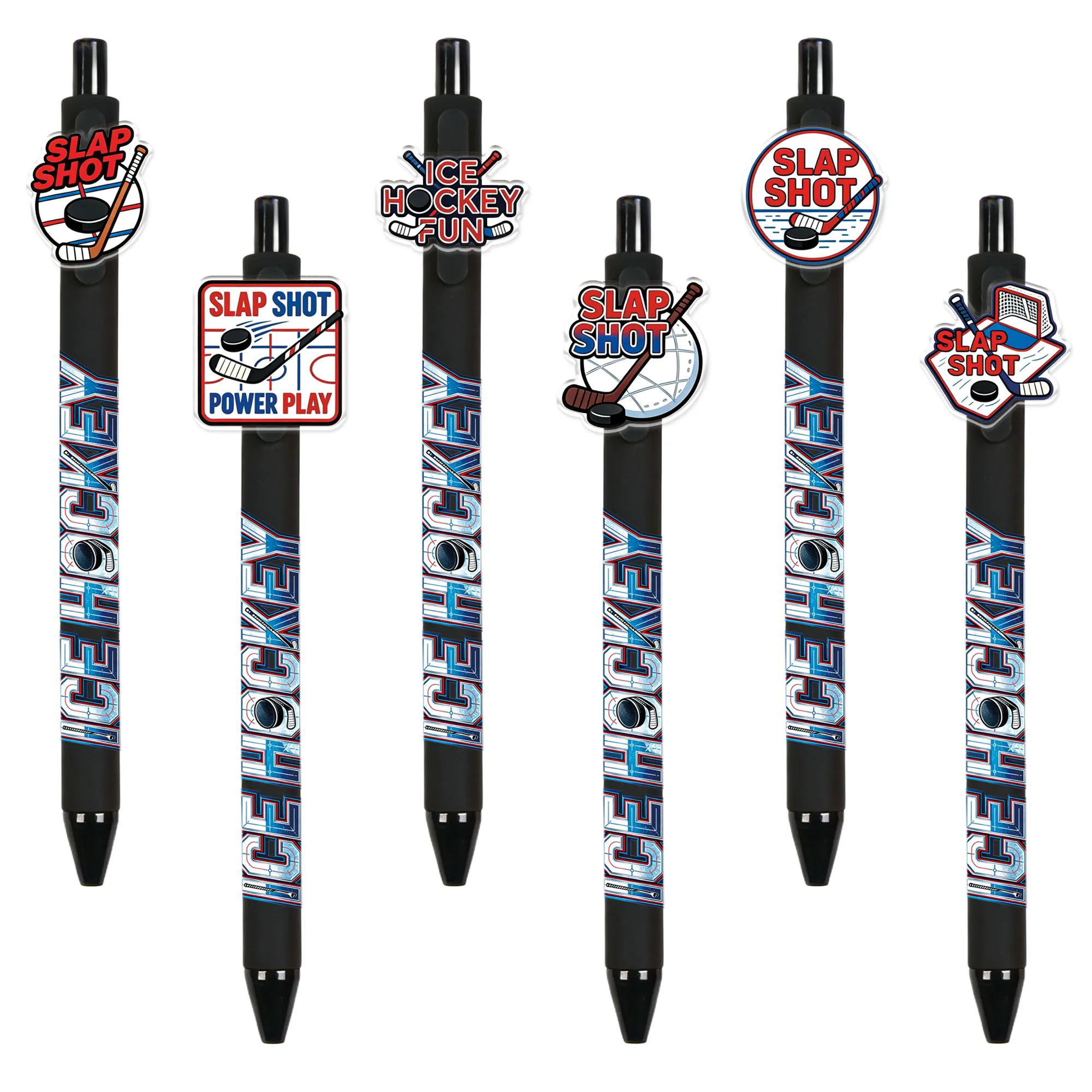 

6 pieces / 12 pieces ice hockey themed ballpoint pens. Ice hockey stick and ice hockey pattern writing pens. Black ink push pens