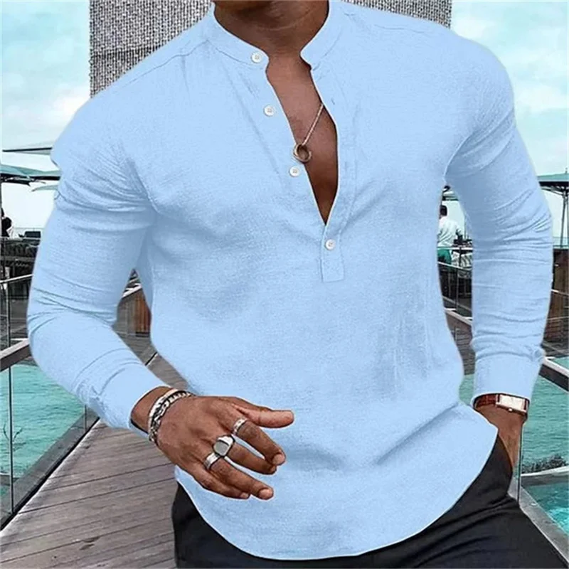 Fashionable Shirt Men\'s Henry Solid Color Half Button Stand Collar Muscular Men\'s Top Casual Soft Comfortable 2024 New Style