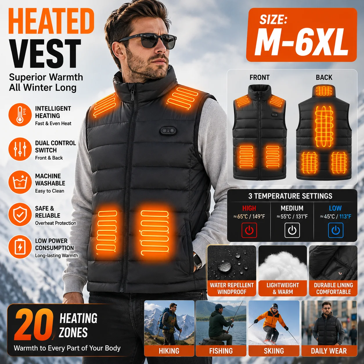 Winter Unisex Loose Heated Vest Washable 3 Gear Temperature Control USB Thermal Gilet Casual Outdoor Sport Warm Waistcoat